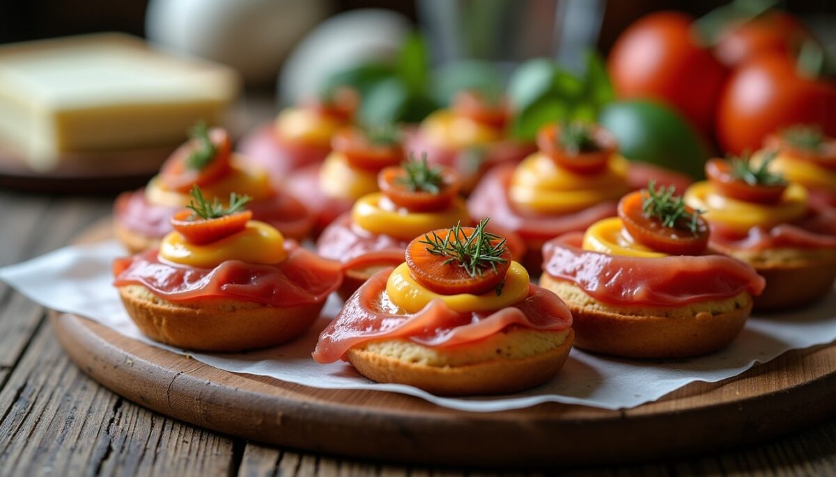 Délices de jambon de Parme roulés au fromage frais et croquants de chapelure aux pignons de pin
