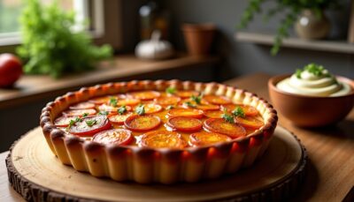Délicieuse tatin d’oignons accompagnée d’une tartinade végétale à l’ail et aux fines herbes : une recette gourmande et saine