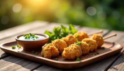 Délicieuses brochettes légères d’aiguillettes de poulet panées, accompagnées d’une sauce fraîche au fromage blanc et fines herbes