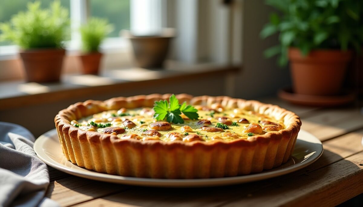 Délicieuse quiche légère au poulet, champignons frais et persil aromatique