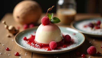 Délice Crémeux : Panna Cotta aux Fruits Rouges et Touches Exotiques de Noix de Coco