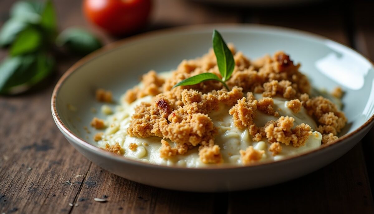 Délice rustique : Crumble d’agneau à l’avoine croustillante et fromage de chèvre frais