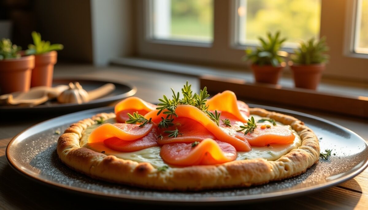 Délice nordique : galette moelleuse au saumon fumé et fromage frais aux fines herbes et ail