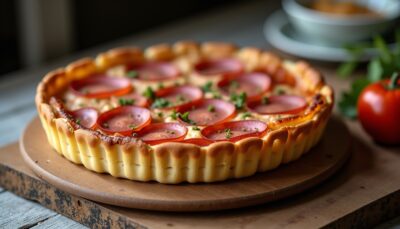 Délicieuse tarte aux poireaux, lardons croustillants et fromage frais fondant