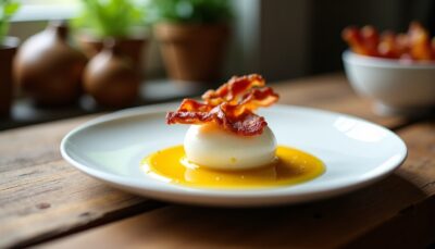 Délice gourmand : Espuma légère au Maroilles accompagnée de croustillantes chips de lard fumé