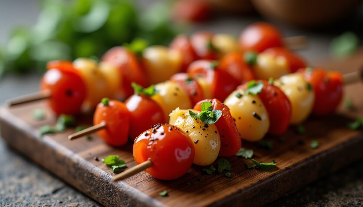 Délices sucrés-salés : Brochettes gourmandes de poires juteuses, chorizo épicé et fromage fondant