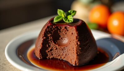 Délice aérien au chocolat avec un cœur fondant à la mangue tropicale