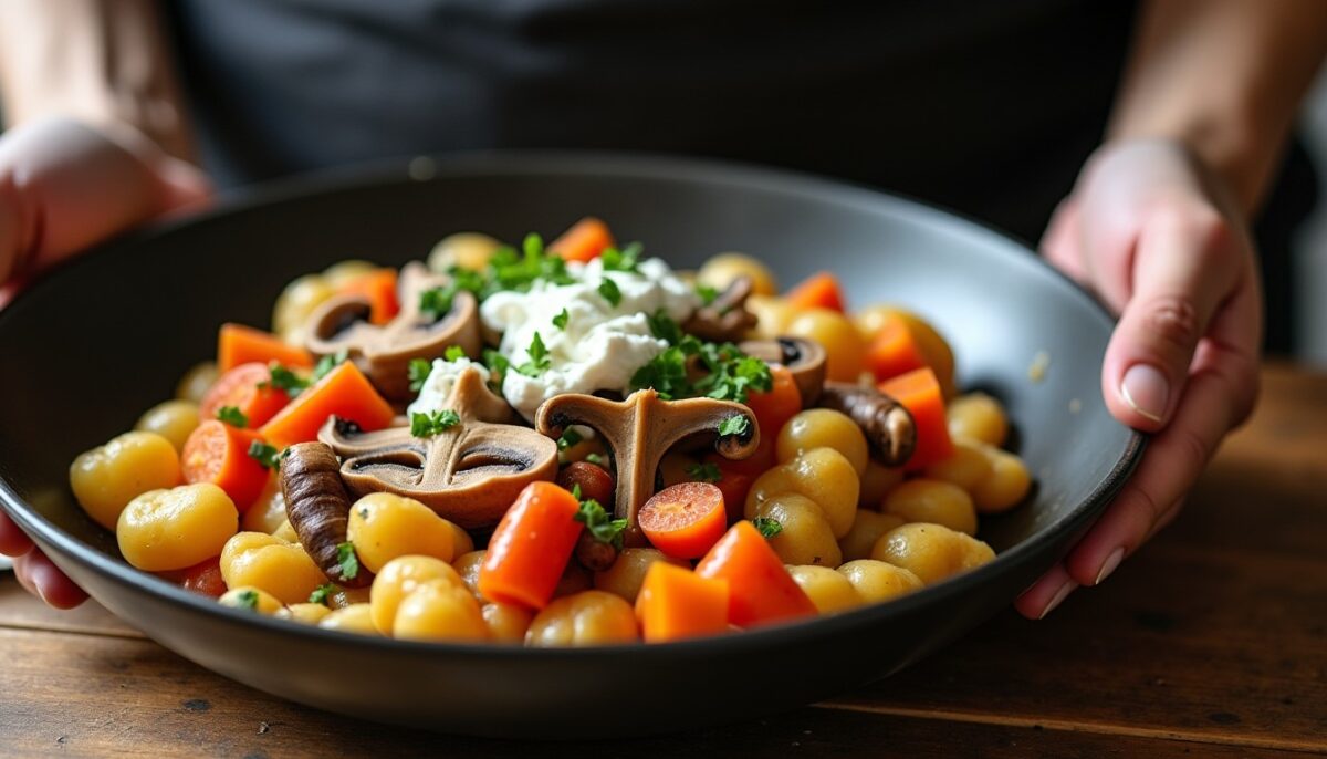 Délicieuse recette de gnocchis aux champignons, carottes rôties et feta fondante