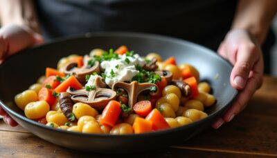 Délicieuse recette de gnocchis aux champignons, carottes rôties et feta fondante