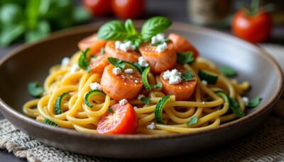 Spaghettis aux courgettes et saumon fumé nappés d'une onctueuse sauce au chèvre frais