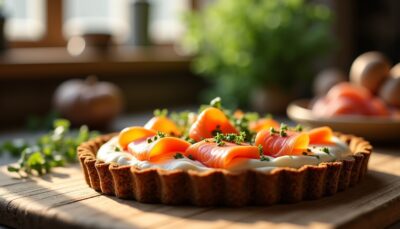 Délicieuse tartelette de sarrasin au fromage frais, ail, fines herbes et saumon frais
