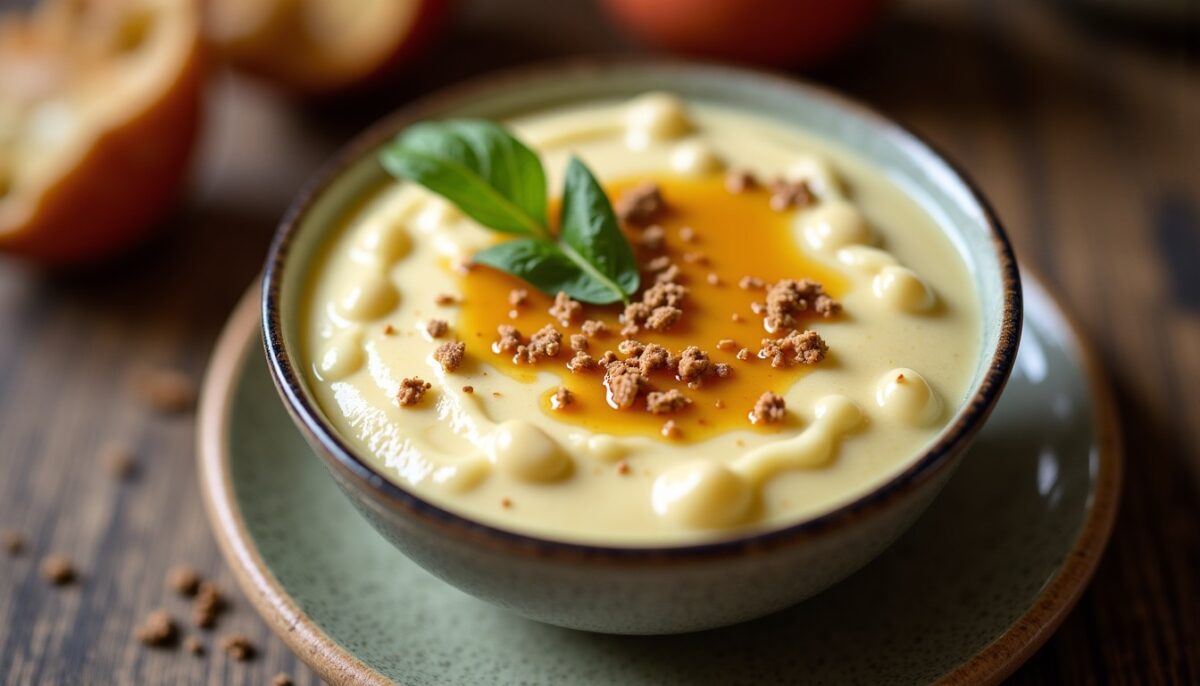 Délicieuse soupe de maïs onctueuse garnie de chantilly au fromage fondant