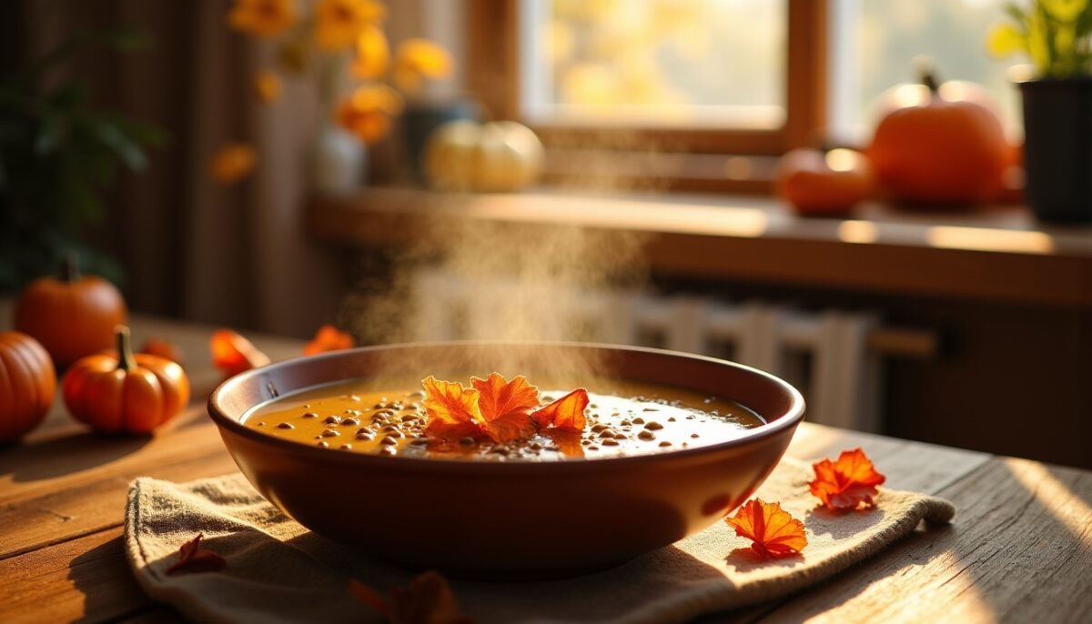 Délicatesse automnale : Soupe légère de lentilles accompagnée de croustillantes chips de jambon