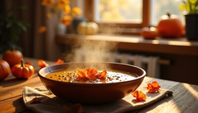 Délicatesse automnale : Soupe légère de lentilles accompagnée de croustillantes chips de jambon