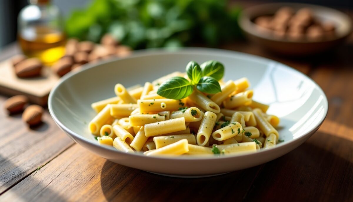 Pennes crémeuses au pesto subtil d’amandes