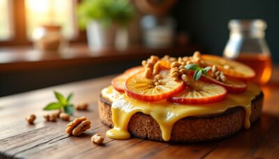 Délice sucré-salé : sandwich au fromage fondant, noix croquantes et pommes caramélisées