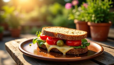 Délice Estival : Sandwich Léger aux Tomates, Olives, Tarama de Cabillaud et Emmental Fondant