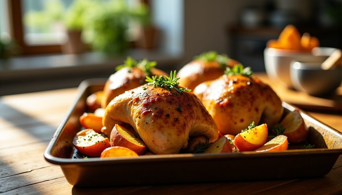 Délice léger au four : cuisses de poulet dorées et pommes de terre rôties croustillantes