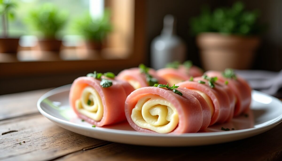 Délicieux roulés de jambon au fromage frais parfumé à l'ail et aux fines herbes : une recette simple et savoureuse