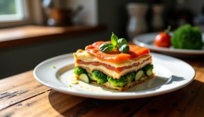 Délices en couches : Lasagnes au Bleu, saumon fumé, brocolis croquants et courgettes fondantes