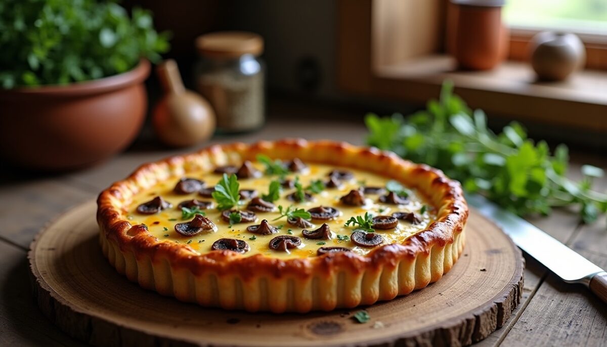 Délicieuse tarte crémeuse aux champignons frais et fromage fondant