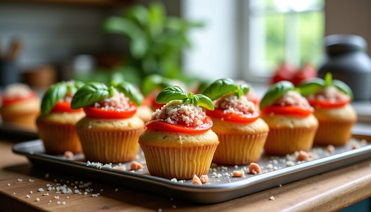 Délices légers : Muffins moelleux au tarama de thon, tomates fraîches, basilic parfumé et parmesan