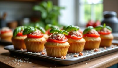 Délices légers : Muffins moelleux au tarama de thon, tomates fraîches, basilic parfumé et parmesan
