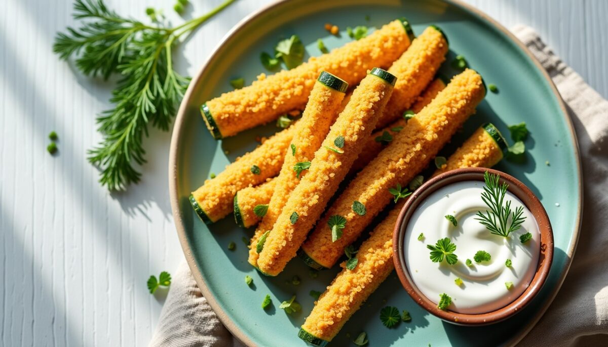 Délicieuses frites de courgettes accompagnées d'une sauce fraîche au yaourt et citron confit