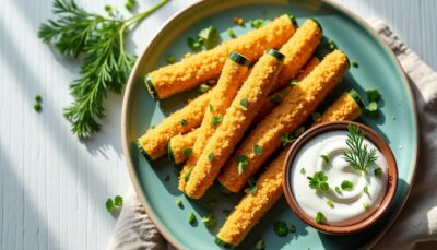 Délicieuses frites de courgettes accompagnées d'une sauce fraîche au yaourt et citron confit