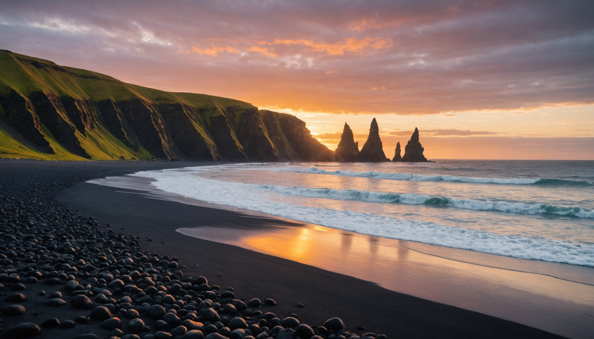 partez à la découverte de la plage mystique de reynisfjara en islande : une étendue de sable noir aux formations volcaniques spectaculaires et aux légendes fascinantes. explorez ce lieu insolite et émerveillez-vous devant sa beauté sauvage unique.