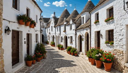 partez à la découverte d'alberobello, charmant village italien célèbre pour ses trulli uniques, ces habitations traditionnelles aux toits coniques classées au patrimoine mondial de l’unesco. voyagez au cœur de la région des pouilles !