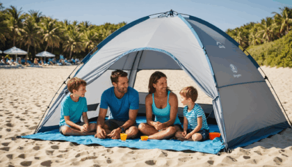 protégez votre famille du soleil avec la tente de plage shadysand : anti-uv, légère et facile à transporter, elle vous accompagne pour des journées sereines en plein air.