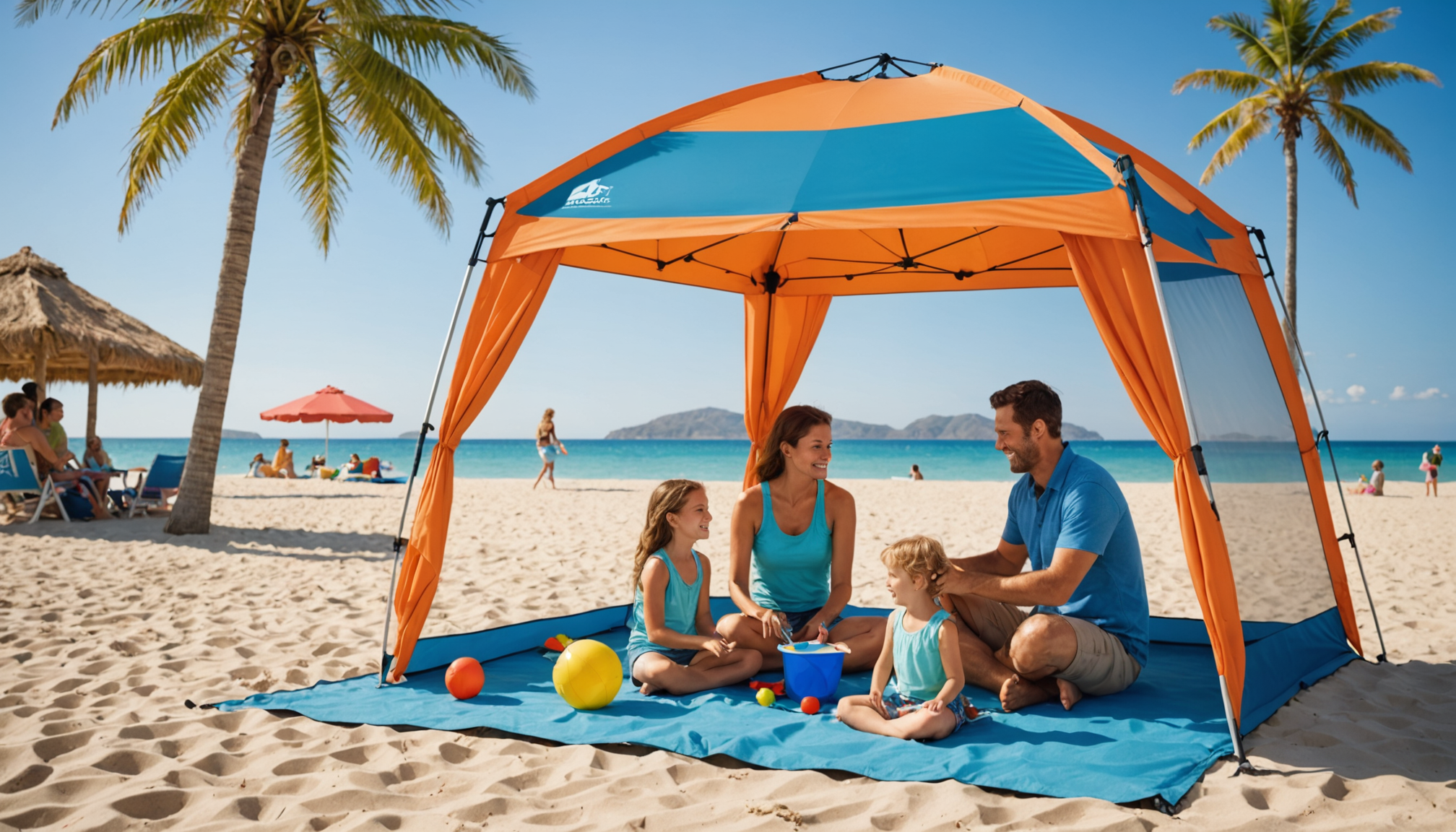 protégez votre famille du soleil avec la tente de plage shadysand. facile à transporter, légère et anti-uv, elle offre confort et sécurité pour toutes vos sorties à la mer !