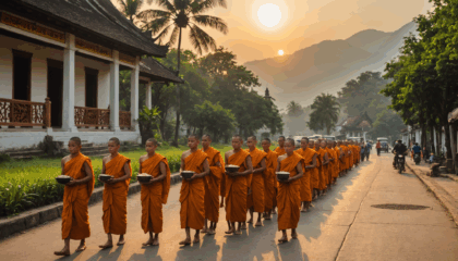 découvrez le tak bat à luang prabang, une cérémonie matinale empreinte de spiritualité où les moines reçoivent les offrandes des habitants. plongez dans ce rituel authentique et vivez une expérience culturelle unique au cœur du laos.