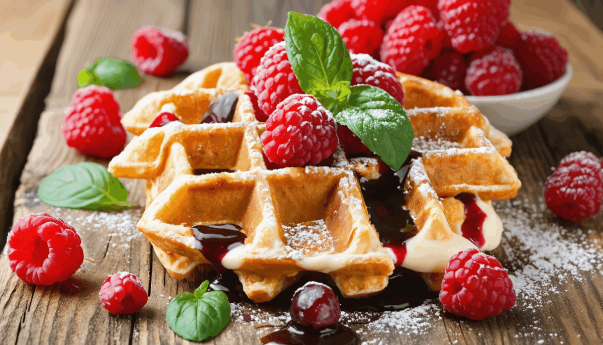 régalez vos papilles avec notre recette irrésistible de gaufres au chocolat blanc, parfaitement associées à des framboises juteuses et rehaussées d'une subtile note de basilic. un délice sucré original à savourer en toute occasion!