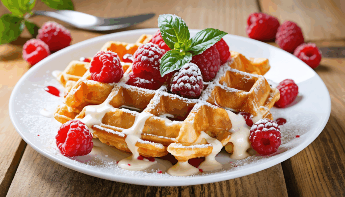savourez notre irrésistible recette de gaufres au chocolat blanc, sublimées par des framboises juteuses et une pointe de basilic frais. un dessert frais et original qui ravira vos papilles !