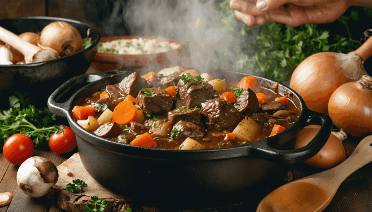 découvrez la recette traditionnelle du boeuf bourguignon, un plat réconfortant et savoureux qui évoque les souvenirs des cuisines de grand-mère. apprenez à préparer ce classique de la gastronomie française avec des ingrédients authentiques et des astuces pour un goût inoubliable.