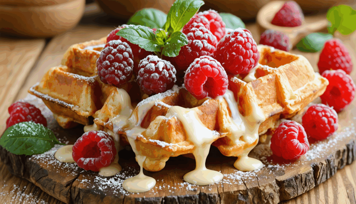 savourez des gaufres maison délicieuses au chocolat blanc, sublimées par des framboises juteuses et une subtile touche de basilic. idéales pour un dessert unique qui allie douceur et originalité.