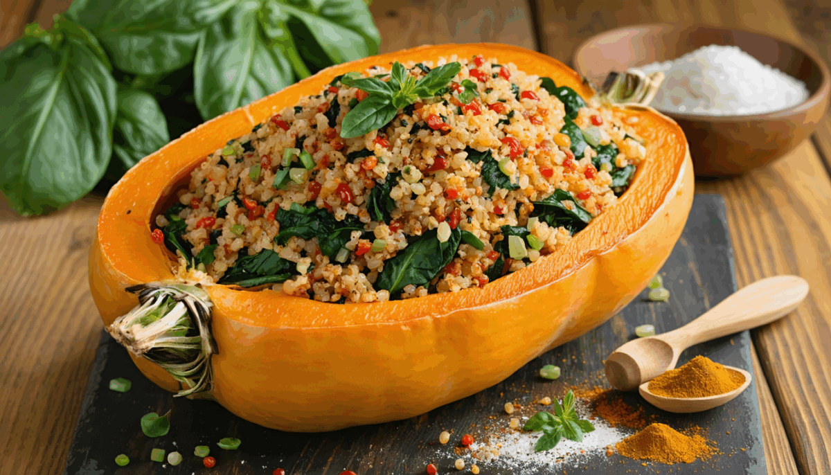 savourez un potimarron farci aux épinards et quinoa subtilement relevé de quatre épices. une recette vegan gourmandise idéale pour un repas automnal sain, coloré et plein de saveurs.