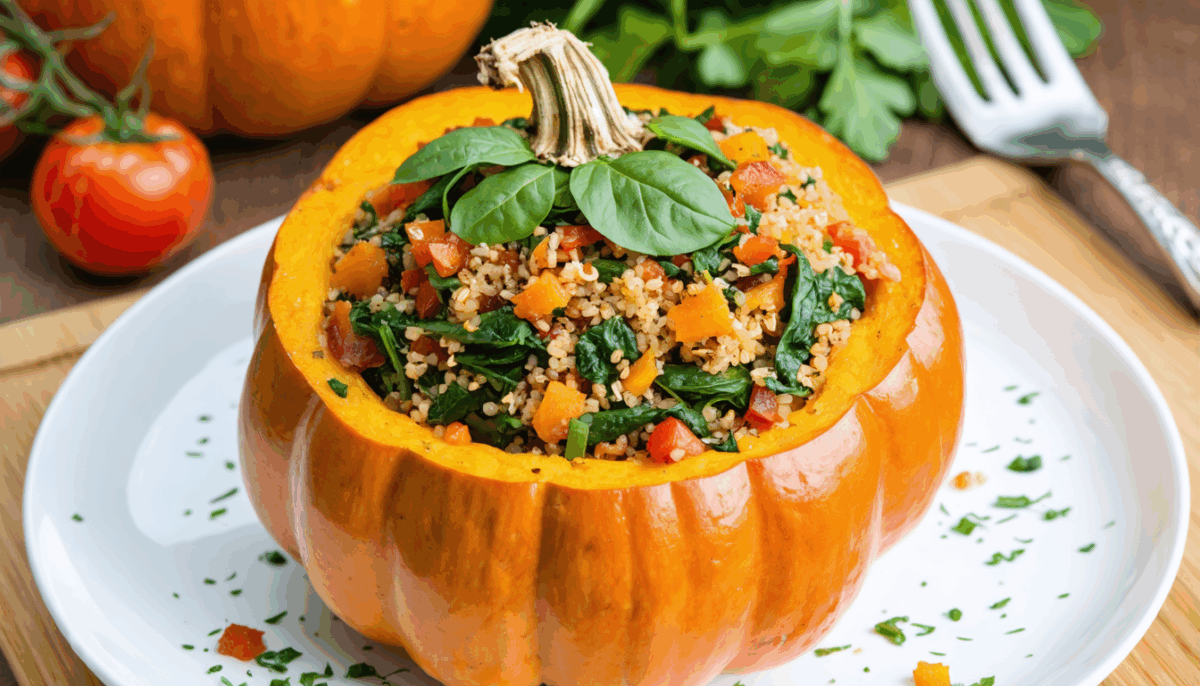 découvrez une recette vegan gourmande : potimarron farci aux épinards et quinoa subtilement parfumé aux quatre épices. idéale pour un repas sain, savoureux et de saison !