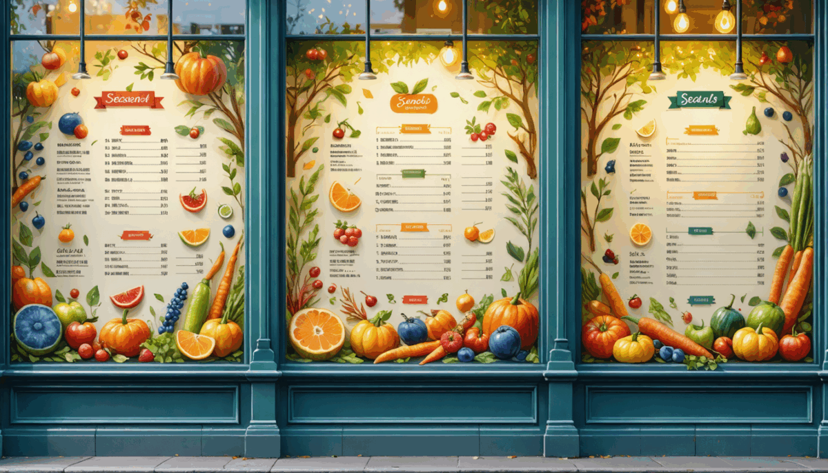 attirez l’attention sur vos menus de saison grâce à des autocollants tendance pour vitrines ! valorisez vos offres culinaires, dynamisez votre façade et séduisez de nouveaux clients avec une décoration moderne et originale.